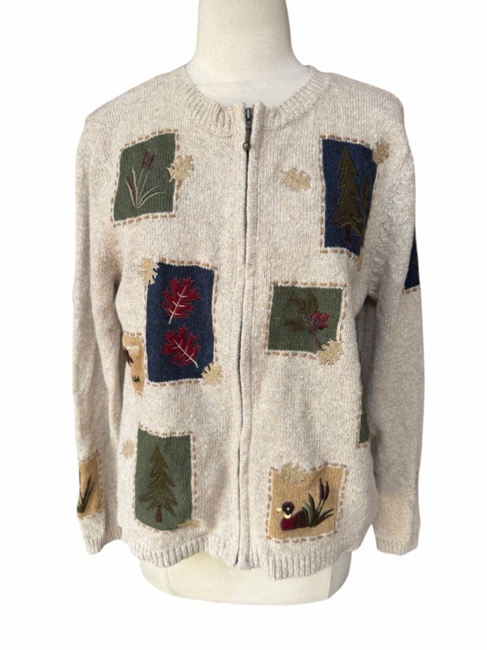 1990s Croft & Barrow Ramie Blend Fall Themed Full Zip Cardigan